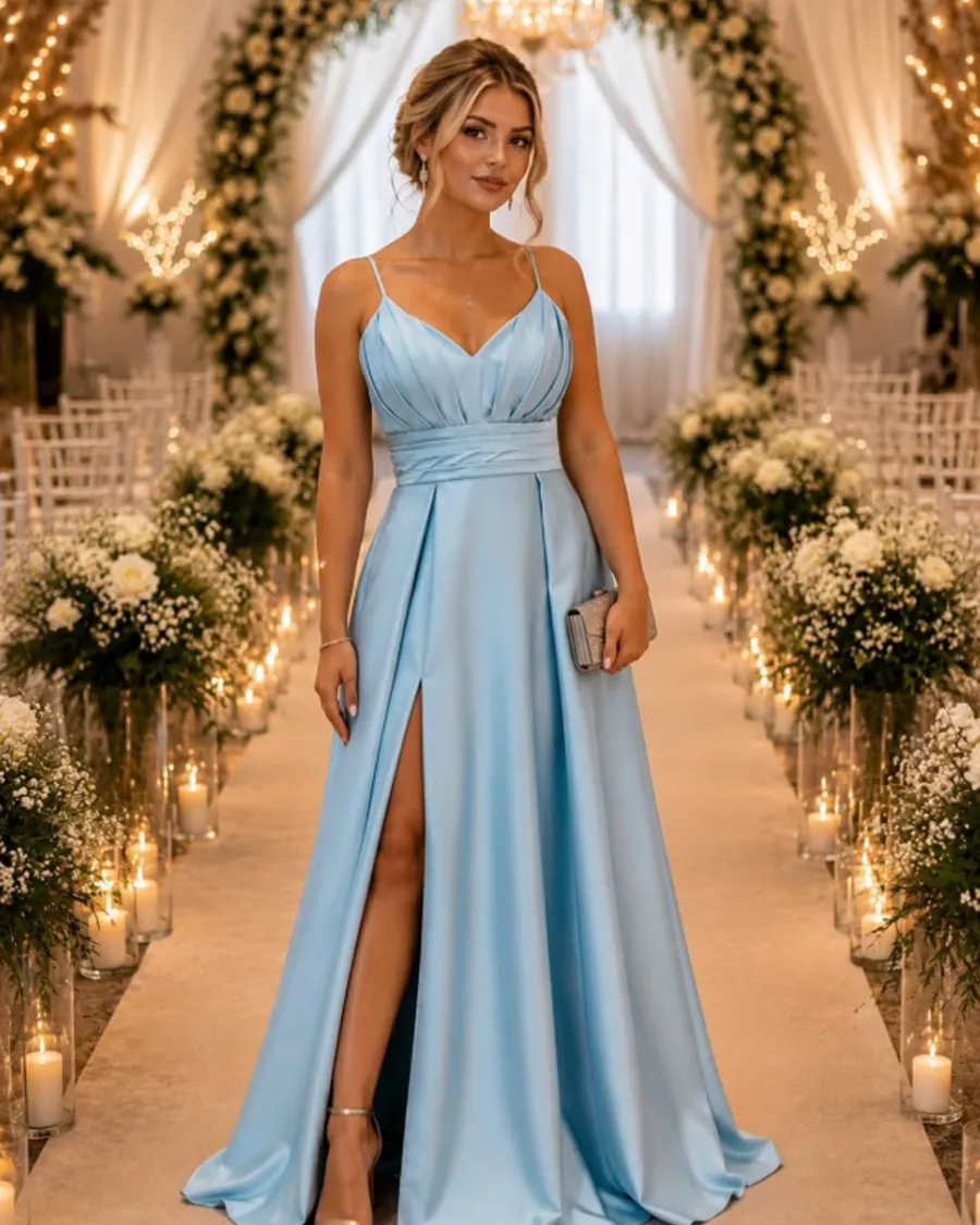 Vestido de festa azul-claro em cetim, com fenda lateral e cinto drapeado
