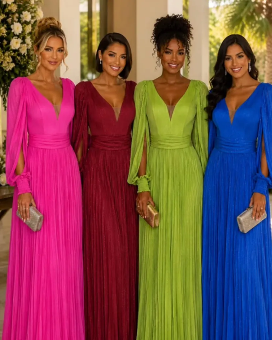 Quatro convidadas em vestidos longos plissados nas cores pink, marsala, verde-limão e azul