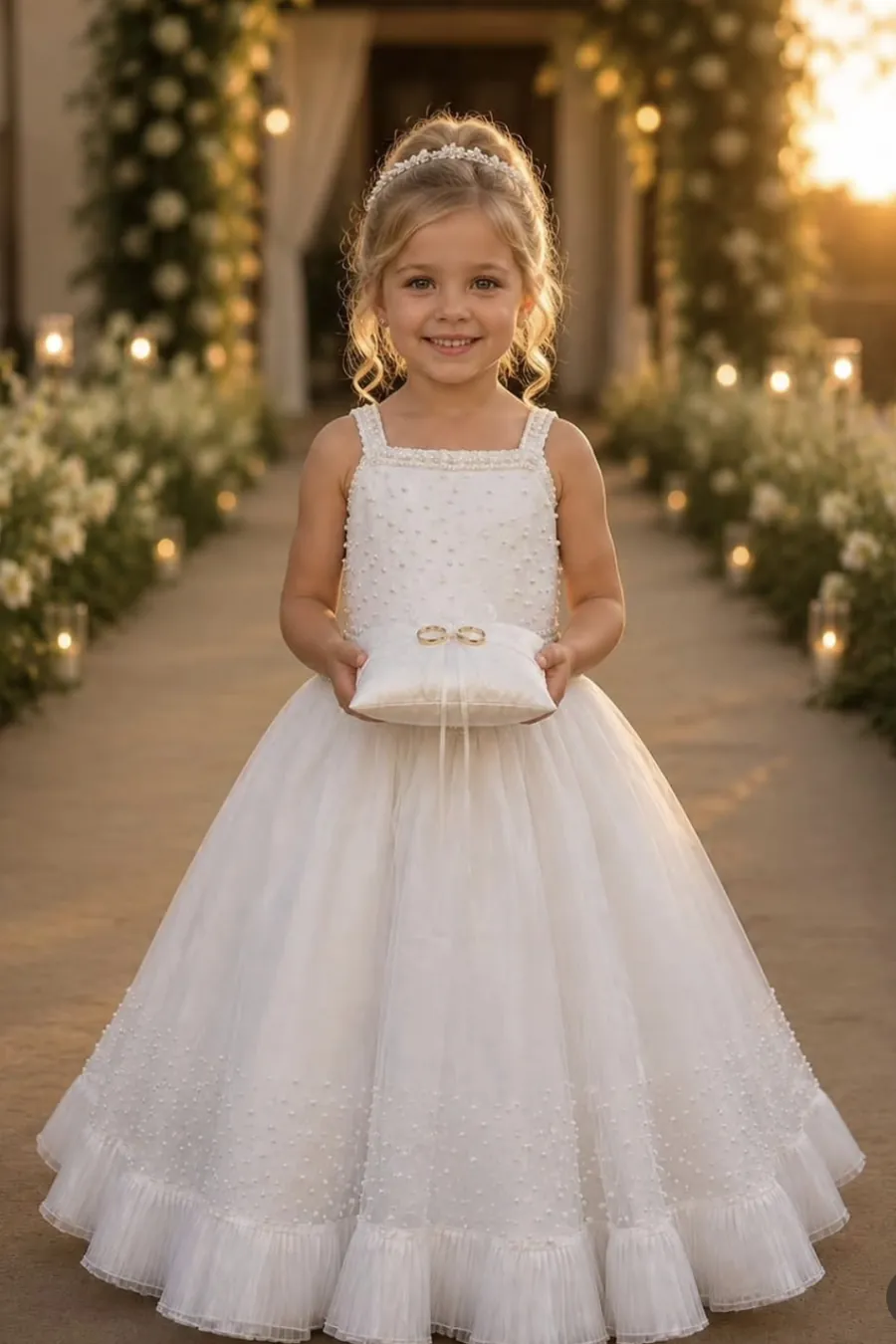 Vestido de daminha branco com bordado de pérolas e saia de tule, com porta-alianças