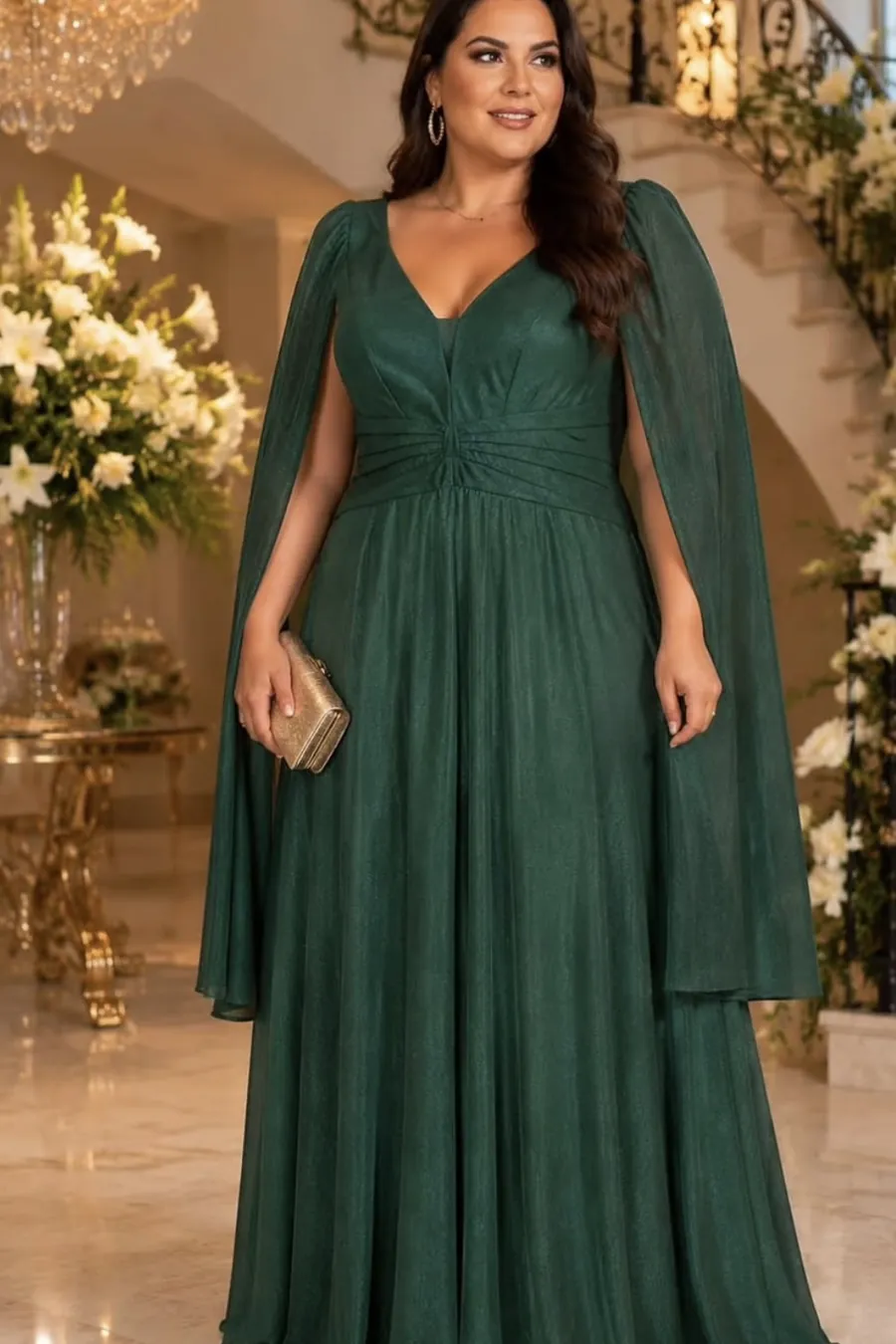 Vestido longo verde-esmeralda para mãe de noiva, decote V e mangas capa