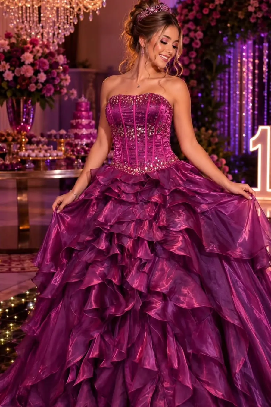 Vestido de debutante pink em organza, com corpete bordado em pedraria e saia em camadas