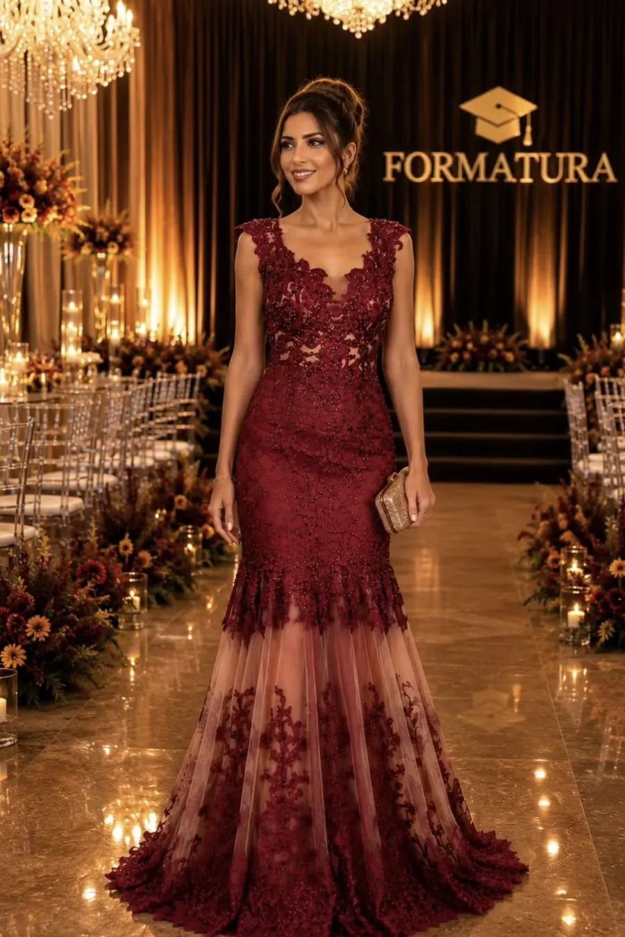 Vestido de formatura marsala em renda bordada, modelo sereia com saia em tule