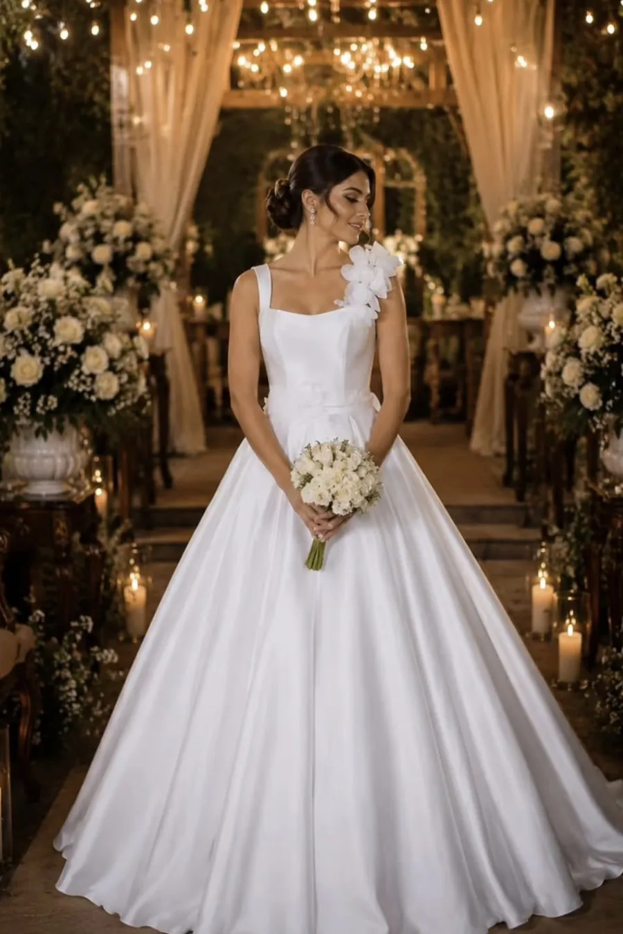 Vestido de noiva branco em cetim, saia ampla e alça quadrada com flores no ombro