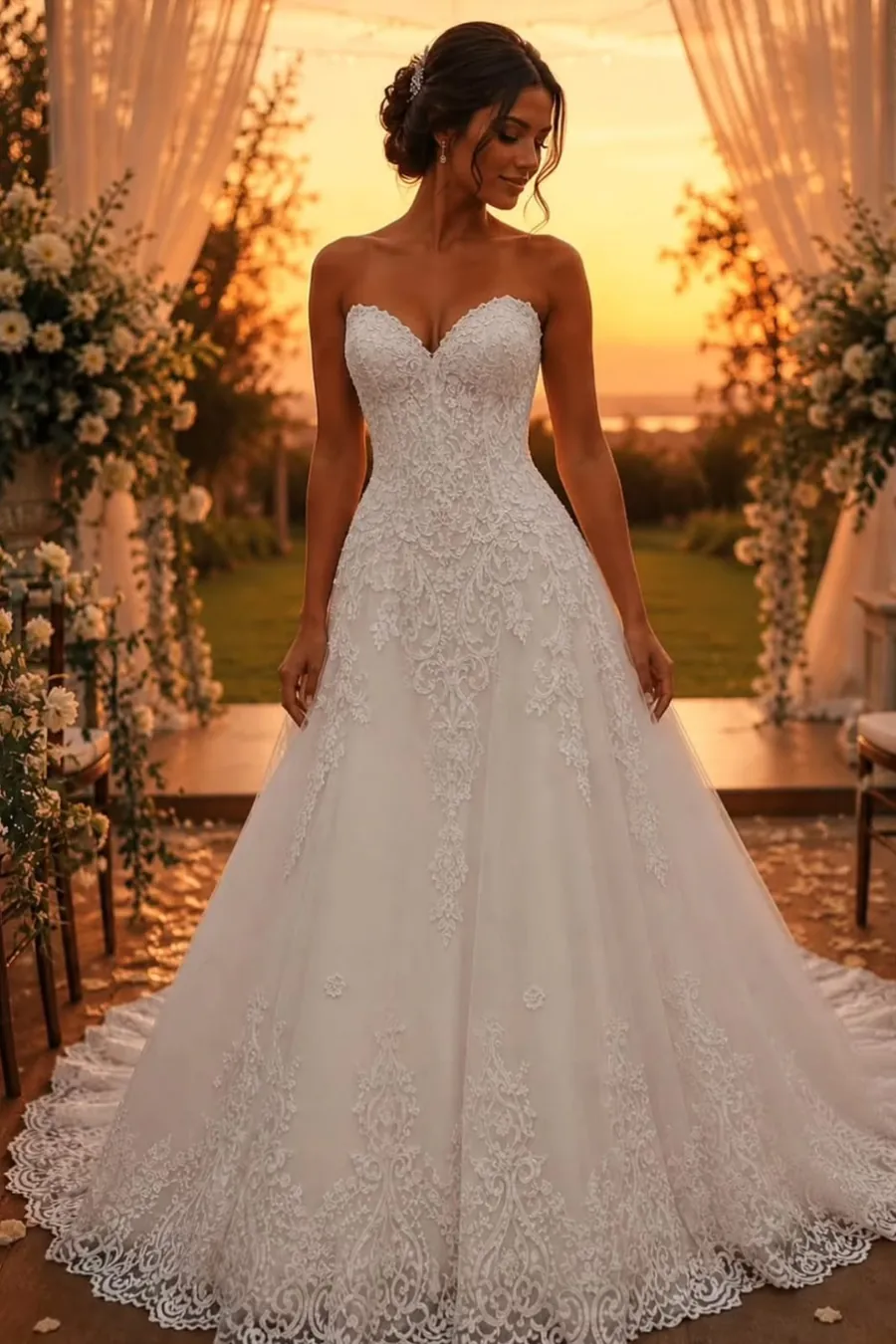Vestido de noiva tomara que caia em renda, com saia ampla e cauda bordada