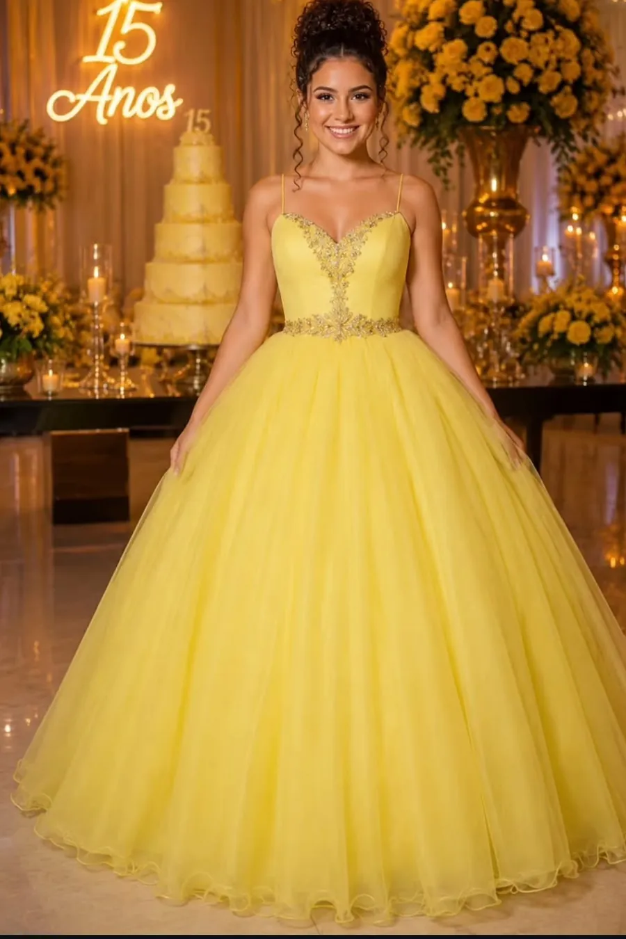 Vestido de 15 anos amarelo em tule, com bordado dourado no decote e na cintura